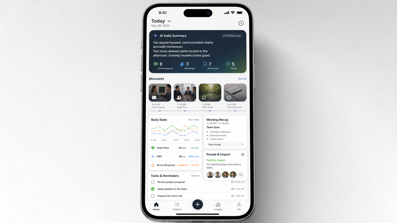 App dashboard with daily summary, memories, body state, and tasks