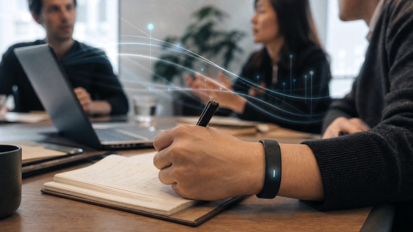 A wrist AI device sensing a meeting conversation